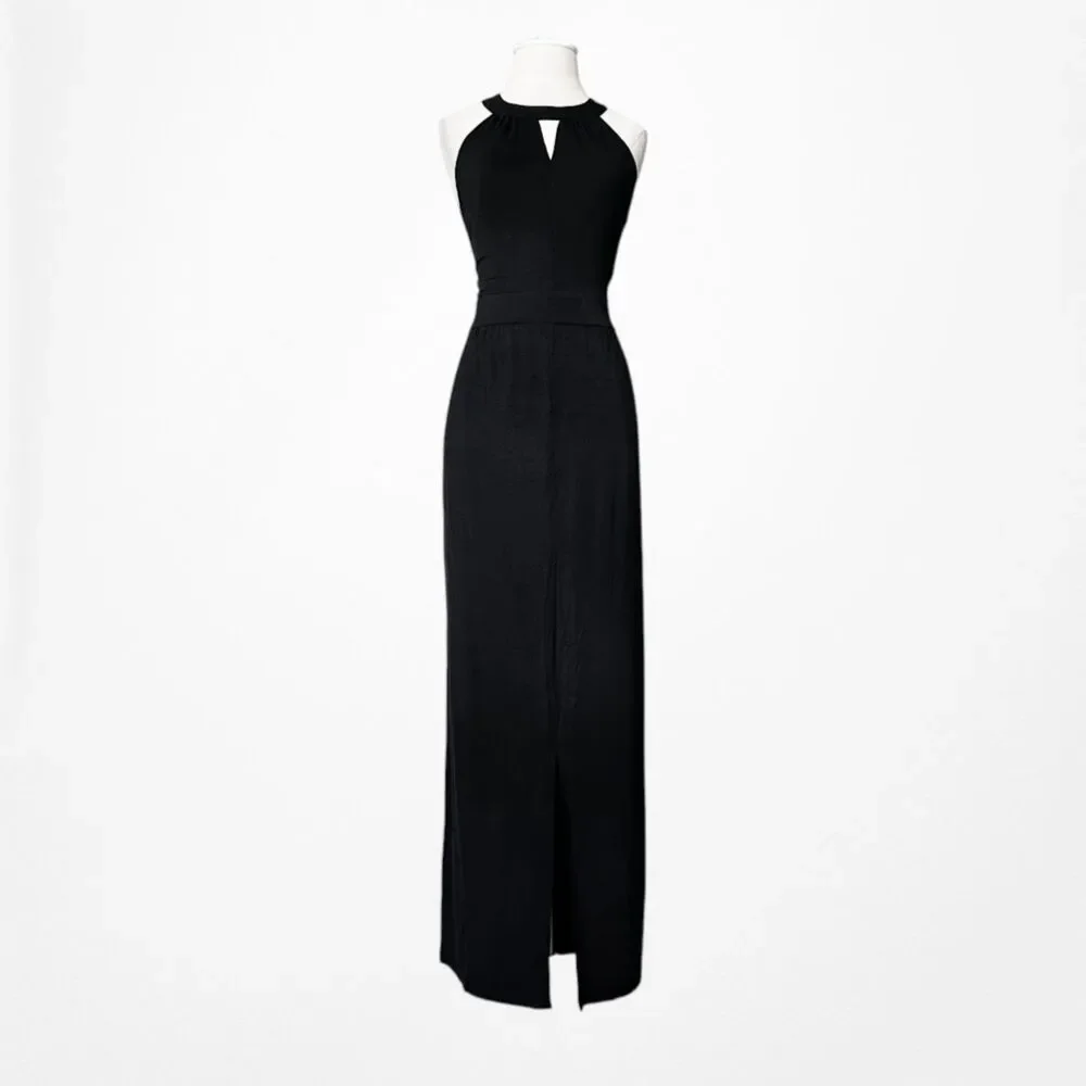 Vintage Y2K Roz & Ali Black Knit Bodycon Front Slit Maxi Cocktail Dress Size S/M